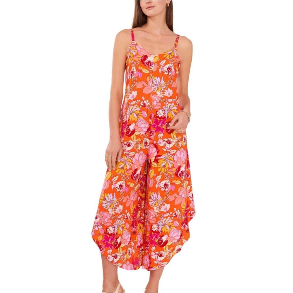 Vince Camuto Women's Orange Floral flowy boho hippie Sleeveless jumpsuit small